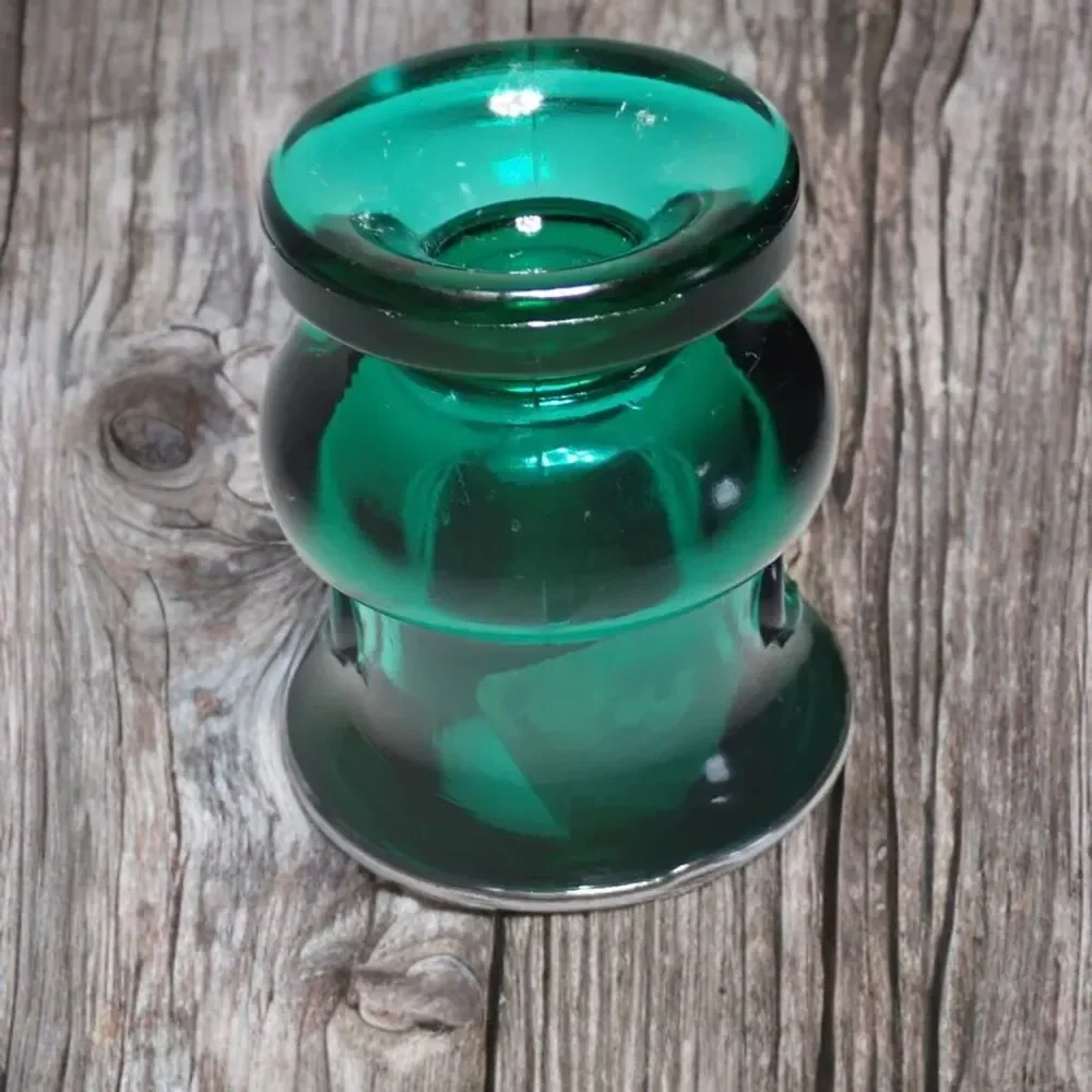 Vintage L E SMITH Green Glass Toothpick Holder Handles Thick Cauldron Silver Rim